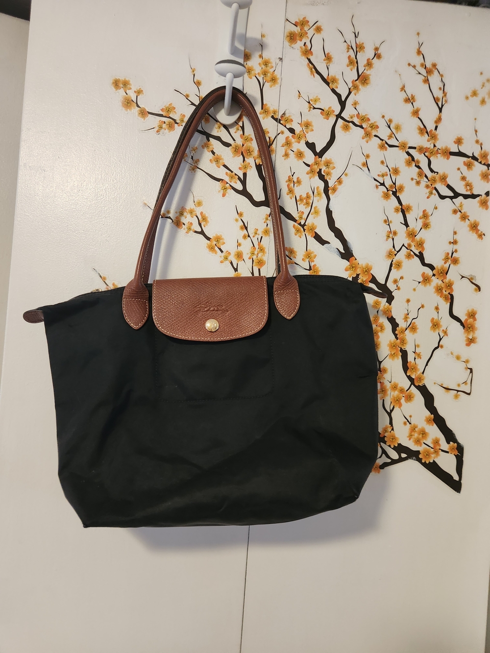 Longchamp Black Tote with Brown Leather Trim